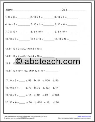 Multiplication (by 10, 11, and 12) Worksheet