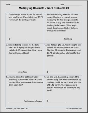 Multiplying Decimals Word Problems Math
