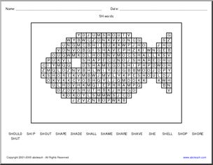 Word Search: SH words (fish shape)