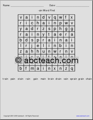 “ain” words’ Word Search