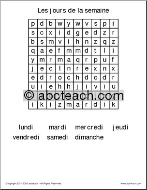 Word Search: Les jours de la semaine (French-Days of Week)