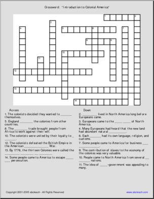 Crossword:  “Introduction to Colonial America” (upper elementary)