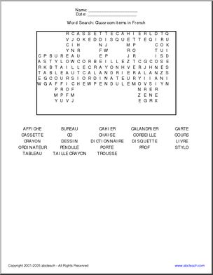 Word Search: Classroom items in French
