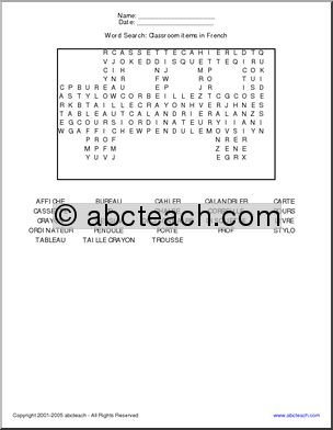 Word Search: Classroom items in French