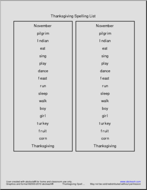 Thanksgiving Spelling List