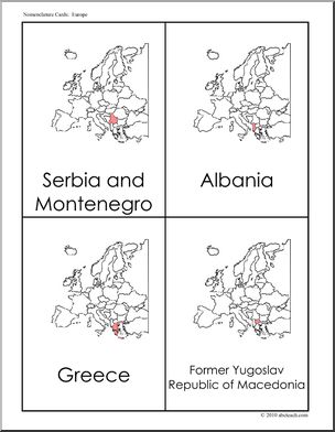 Nomenclature Cards: Continents; Europe Set 2 (red-highlight)