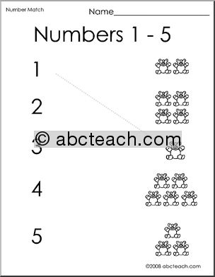 Match Numerals to Bears 1-5 (preschool/primary)-b/w Worksheet