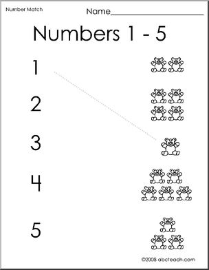 Match Numerals to Bears 1-5 (preschool/primary)-b/w (alt.) Worksheet