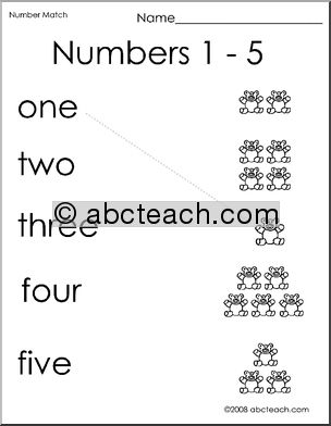 Match Numbers to Bears 1-5 (preschool/primary) -b/w Worksheet