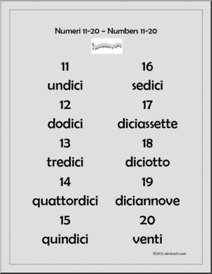Italian: Uno studio degli numeri 11-20 (b/w)