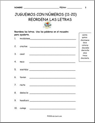 Spanish: MatemÂ·ticas – PrÂ·ctica de nË™meros de 11 a 20 (elementaria)