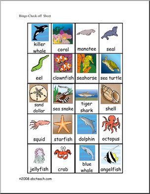 Bingo Cards: Ocean Animals (elem) – check sheet (color)
