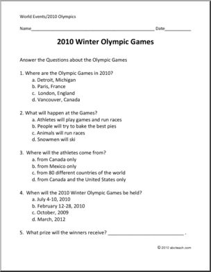 Past Olympics: Comprehension: 2010 Olympics (primary)