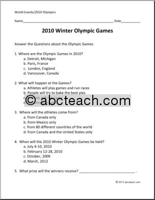 Past Olympics: Comprehension: 2010 Olympics (primary)