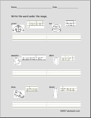 Worksheet: Trace and Write Clothing Words (ESL)