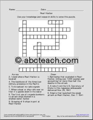 Crossword: Pearl Harbor (middle/HS)