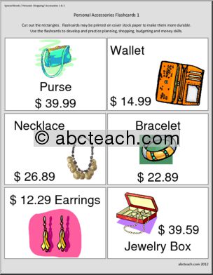 Special Needs: Personal Shopping Practice:  Flashcards: Personal Accessories