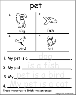 Beginning Writing Practice, Set 14 – trace (pet)