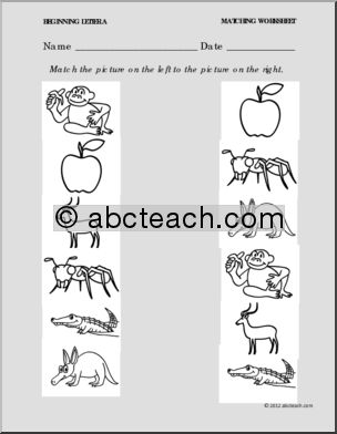 Matching: Picture to Picture Letter  A (PreK-Kdg)
