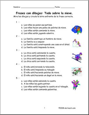 Spanish: Frases con dibujos – Jugando en la nieve (elementaria)