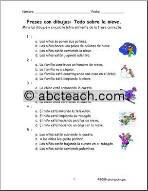 Spanish: Frases con dibujos – Jugando en la nieve (elementaria)