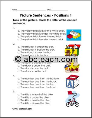 Picture Sentences – Positions 1 (primary/ESL) Worksheet