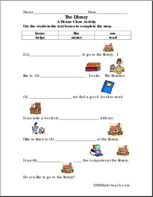 Picture Cloze – The Library (elementary)’ Worksheet