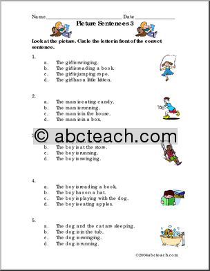 Picture Sentences – 3 (primary) Worksheet