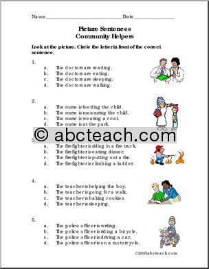 Picture Sentences – Community Helpers (primary) Worksheet