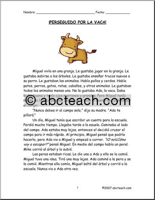 Spanish: ComprensiÃ›n de lectura – “Perseguido por una vaca” (elementaria/secundaria)