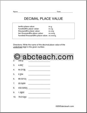 Decimal Place Value (upper elem) Worksheet