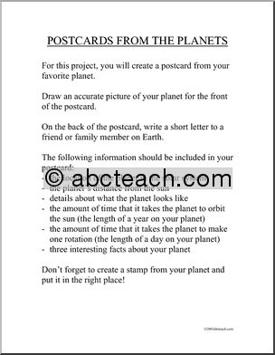 Project: Postcards from the Planets (elem /upper elem)