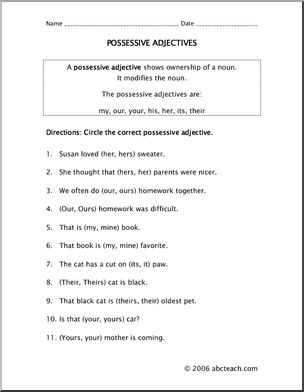 Possessive Adjectives (elem) Rules and Practice