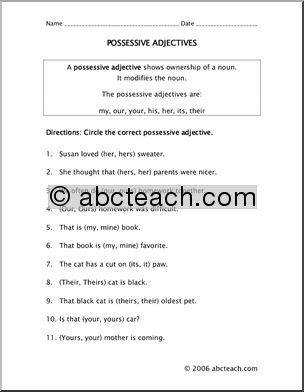 Possessive Adjectives (elem) Rules and Practice
