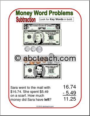Math Subtraction Money Word Problems (primary/elem) Poster