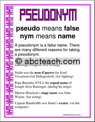 Pseudonym Vocabulary Poster