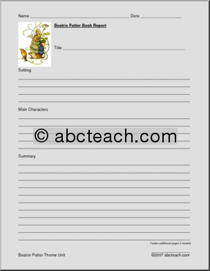 Beatrix Potter (primary/elem) Book Report Form