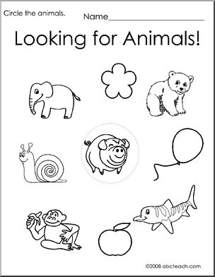 Worksheet: Circle the Animals 2 (preschool/primary) -b/w