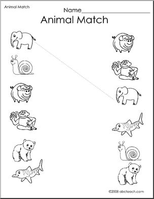 Worksheet: Match the Animals 2 (preschool/primary) – b/w