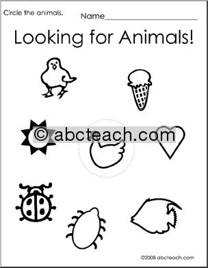 Worksheet: Circle the Animals 1 (preschool/primary) -b/w
