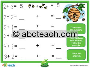 Interactive: Notebook: Math: Addition with pictures: Set 10, bees (prek-1)