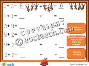 Interactive: Notebook: Math: Addition with pictures: Set 11, monkeys (prek-1)