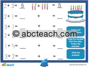 Interactive: Notebook: Math: Addition with pictures: Set 7, birthday candles (prek-1)