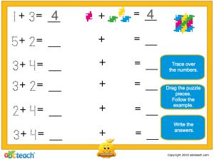 Interactive: Notebook: Math: Addition with pictures: Set 9, puzzle pieces (prek-1)