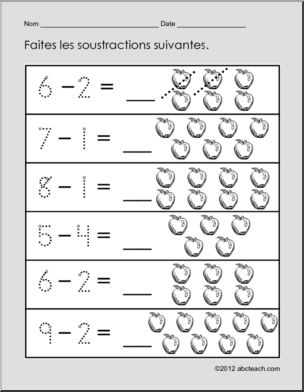 French: Math–soustractions, pommes, (pre-k)