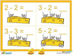 Interactive: Notebook: Math: Subtraction w/interactive images: Set 9, mice/cheese (prek-1)