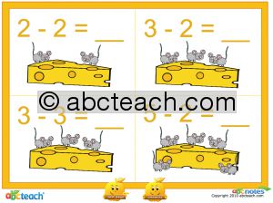 Interactive: Notebook: Math: Subtraction w/interactive images: Set 9, mice/cheese (prek-1)