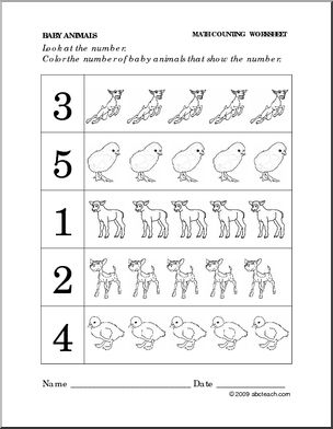 Worksheet: Baby Animals – Color the Number (preschool/primary)