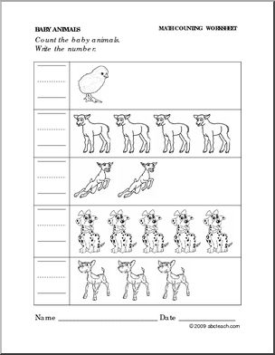 Worksheet: Baby Animals – Write the Number (preschool/primary)