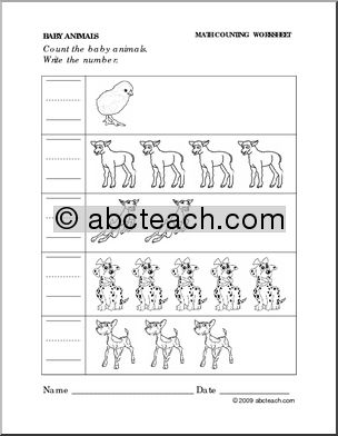 Worksheet: Baby Animals – Write the Number (preschool/primary)